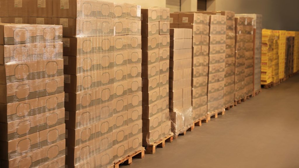 Skids of packaged products in a warehouse