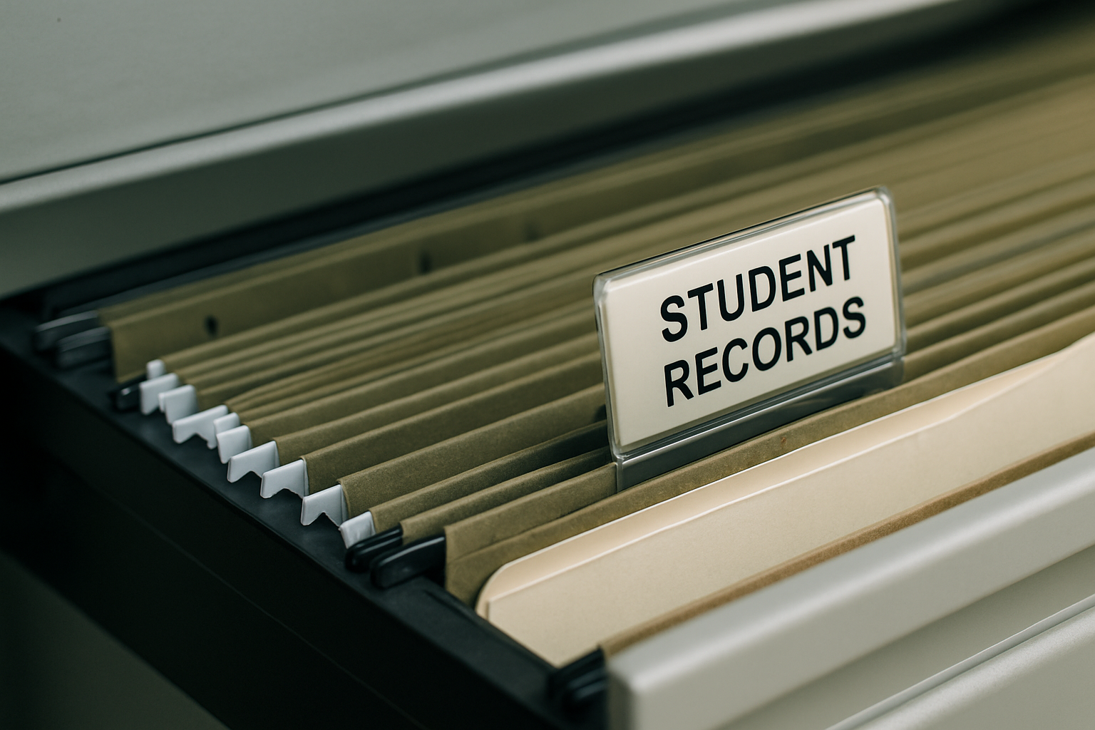 Open filing cabinet drawer with a tab that reads STUDENT RECORDS