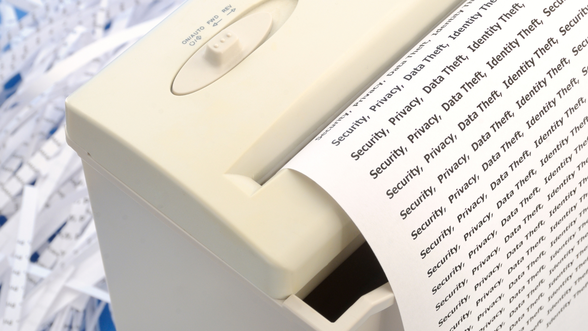 Close-up of a paper shredder in action. The paper shows words like "Security" and "Privacy." Shredded paper strips are visible, highlighting data protection.