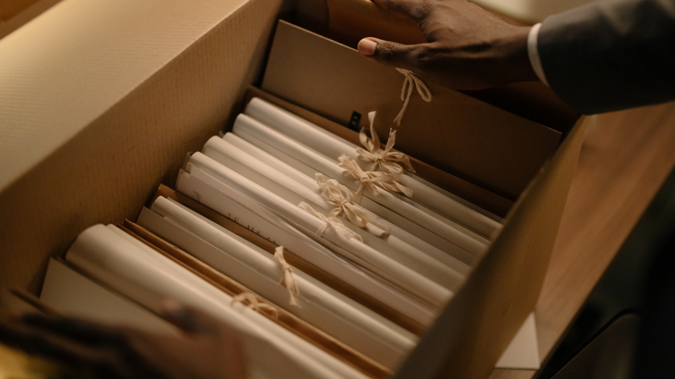 A person's hand reaches into a cardboard box filled with neatly organized documents tied with beige strings. The scene suggests careful organization and attention to detail.